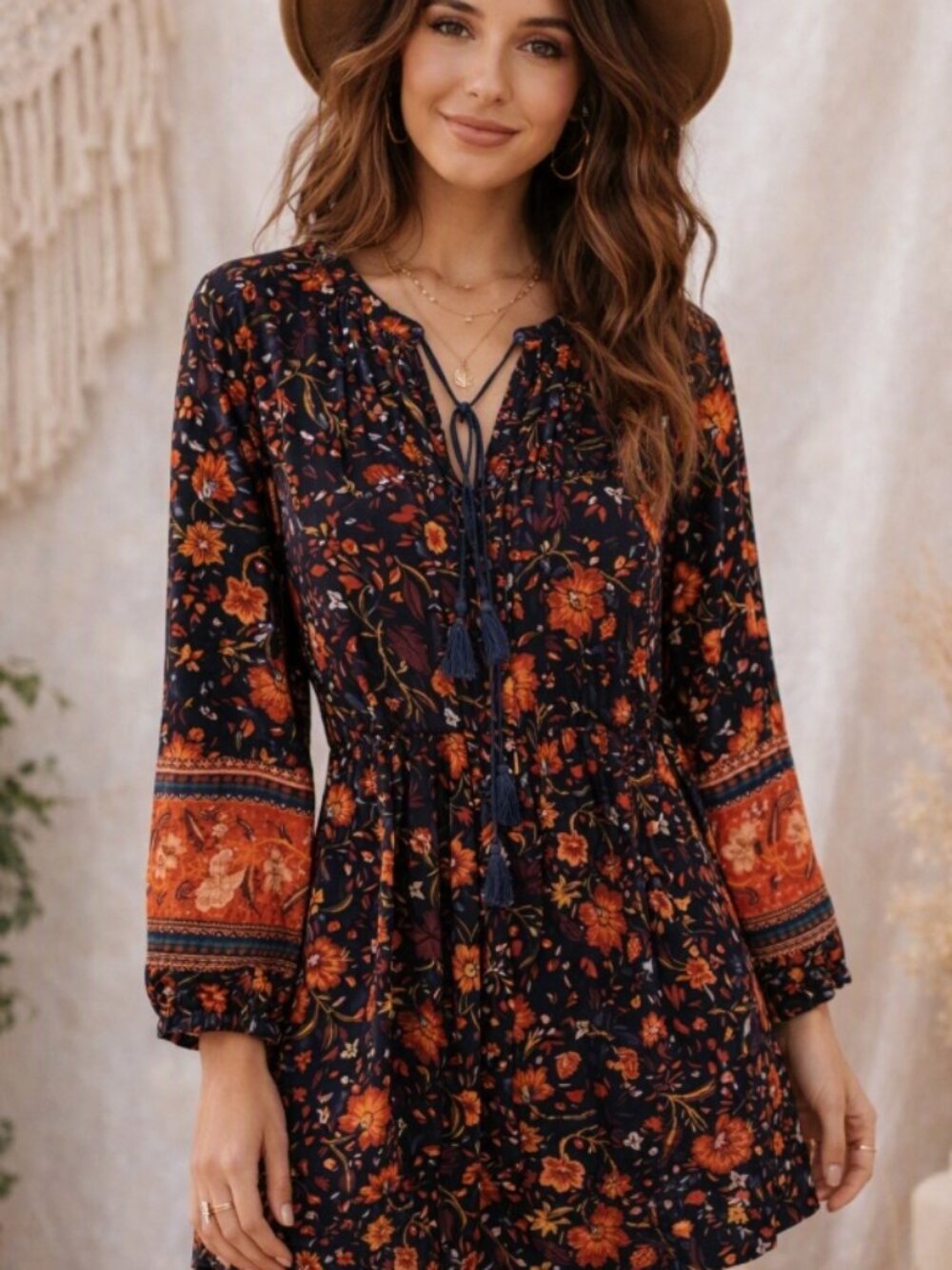 Old Navy Black Floral Tunic Dress S Fall Boho Vintage-Inspired Peasant Romantic
